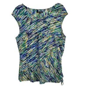 NIC+ZOE Asymmetrical Tank Top XL Abstract Print Blue Green Sleeveless Ruched Blo